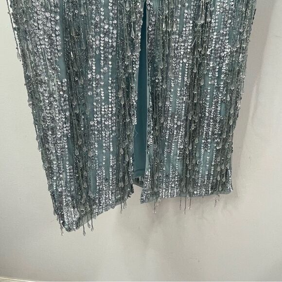 Mac Duggal 5980 Size 8 High Neck Crystal Fringe French Blue Beaded Column Dress - Picture 9 of 13